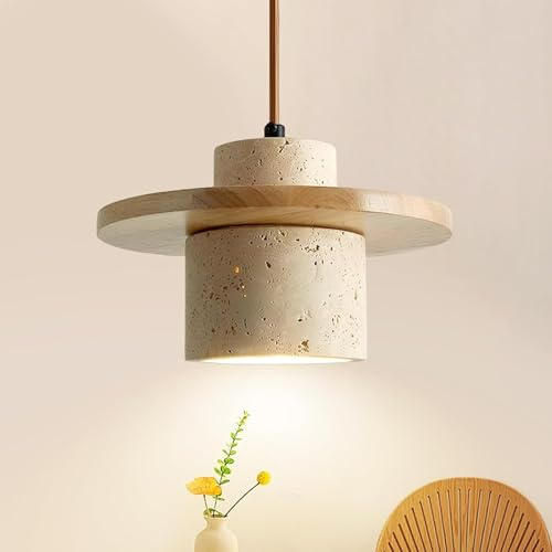 Yuelux Moderne Pendelleuchte aus Naturstein, Gelber Travertin & Massivholz Design, Höhenverstellbare E27 Hängeleuchte für Kücheninsel und Esstisch, Wohnzimmer, Esszimmer, Schlafzimmer (Naturholzfarbe)