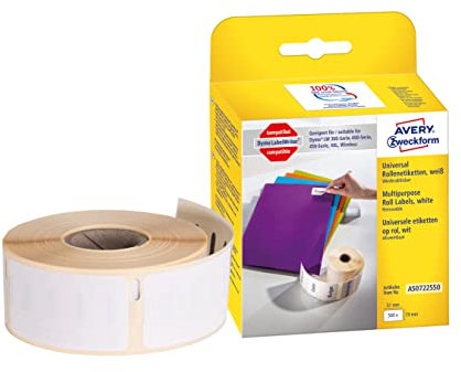 AVERY Zweckform AS0722550 Dymo LabelWriter Etiketten kompatibel zu S0722550 (19x51mm, 1 Rolle|500 ablösbare Aufkleber, selbstklebend, für LW Dymo Etikettendrucker/Beschriftungsgerät/Etikettenband)