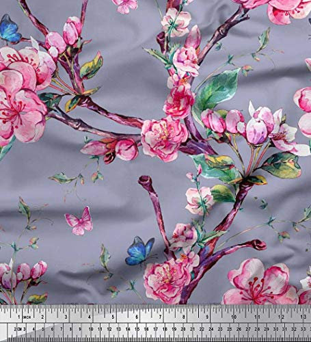 Soimoi Grau Georgette Stoff Viskose Zweige, Blutter Und Blumen Gedruckt Craft Meterware 42 Zoll Breiten