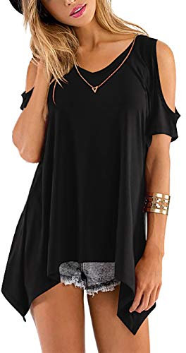 Beluring Tops Damen Sommer T Shirt Oberteil Tops Bluse mit V Ausschnitte, A-aschwarz, 52-54 (Herstellergröße: XL)