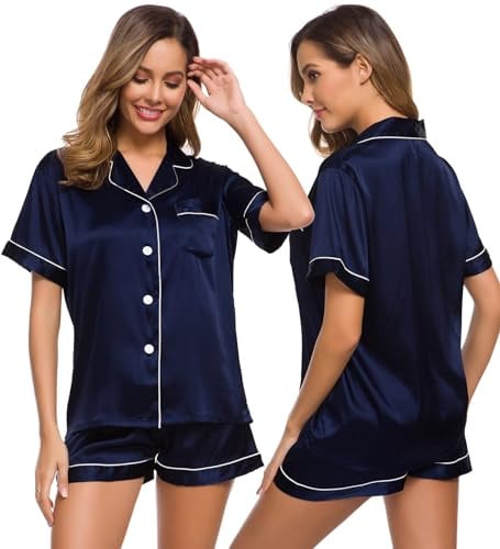 SWOMOG Pyjamas for Womens Satin Silk Pjs Button Down Pyjamas Set Soft Sleepwear and Loungewear Deep Navy Blue