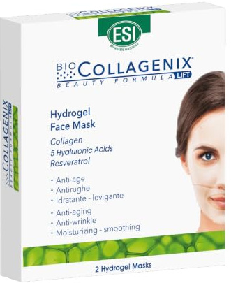 ESI, Biocollagenix Hydrogel Face Mask, Maschera Viso al Collagene, Acido Ialuronico e Resveratrolo, Effetto Antirughe, Idratante e Levigante, Dona una Pelle Elastica e Idratata, 2 Maschere