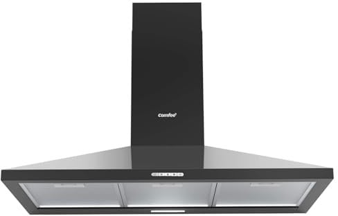 COMFEE' 90 cm Chimney Cooker Hood PYRA17B-90 Extractor Hood with LED and Recirculating & Ducting System Wall Mounted Range Hood 900 mm Extractor Fan - Black