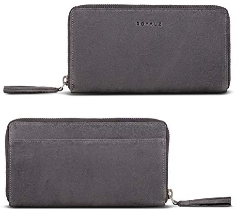 ROYALZ 'Helena' Vintage Leder Portemonnaie Damen groß Reißverschluss viele Fächer Geldbörse Damen RFID Schutz Geldbeutel Frauen Leder, Farbe:Navy Grau