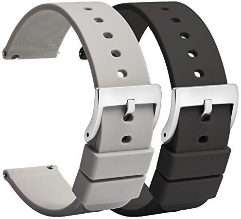 TStrap Montre Bracelets Silicone 22mm - Bracelet de Montre à Dégagement Rapide Caoutchouc Noir Gris Hommes Femmes Sport - Bracelets de Montres étanche pour Smartwatch Boucle Argent - 18mm 20mm