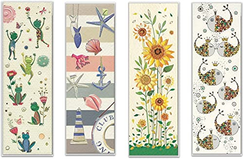 Set aus vier hochwertigen Lesezeichen, geprägtes Reliefpapier (original von Turnowsky, est. 1940) mit Sonnenblumen, Fröschen, Walen und Strand-Motiven