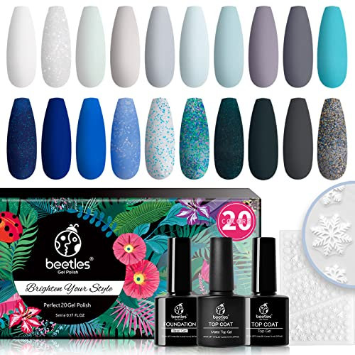 Beetles Gel Nail Polishes-20 Gel Nail Polish Set Wonderland Soak Off Nail Gel Polish Green Gray White Blue Glitter Black Gel with Glossy Matte Top Coat Base Coat & 2 Snowflake Stickers Manicure Kit