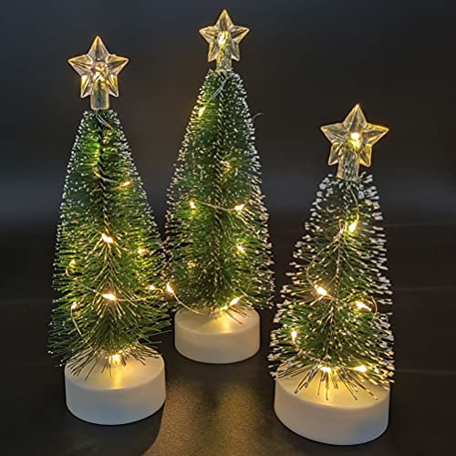 3 Stück Miniatur Weihnachtsbaum, Künstlich Klein Deko Christbaum, Deko Grün Tischbaum, aus Kunststoff und Kupferdraht Lampen, Verwendet den Desktop Einkaufszentrums