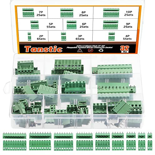 Tanstic Set di 32 morsetti a vite con passo da 5,08 mm 2 3 4 5 6 7 8 9 10 pin dritti per montaggio su PCB morsettiera maschio femmina plugable morsettiere connettore