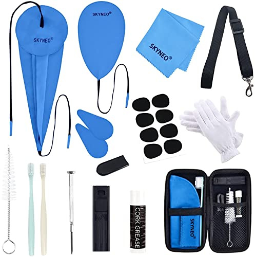 SKYNEO Saxophon-Reinigungsset, Klarinetten-Reinigungsset mit Wartungsset, Korkfett, Tupfer, Gurt, Reinigungstuch, Daumenauflage, Schilfetui, Mundstückbürste und mehr