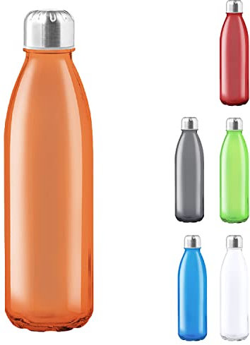 TIENDA EURASIA® Botella de Agua Transparente, 650 ml, con Cuerpo de Cristal y Tapon a Rosca de Acero Inoxidable, Bidon para Camping, Gimnasio, Oficina, Botella Resistente, Color Naranja