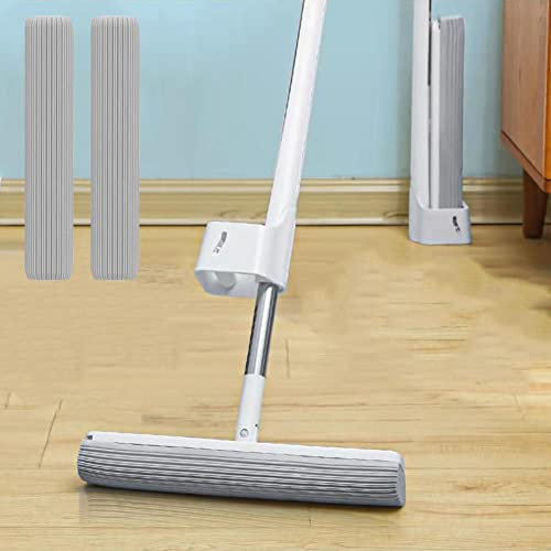 JINYISI Mopa de esponja, trapeador de piso de PVA, fregona de esponja para limpieza de pisos, fregona para apretar, con 2 cabezales de repuesto adicionales, para madera dura, laminado, suelo de