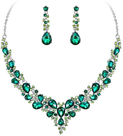 Ever Faith Wedding Bridal Crystal Teardrop Cluster Statement Necklace Dangle Earrings Jewellery Set for Women Green Silver-Tone