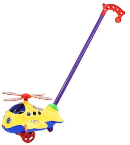 Almencla Helicopter Hand Pushing Toy, Cartoon Airplane Toy Trolley,Push Along Walking Toy for Children Kids Toddler Birthday Gift