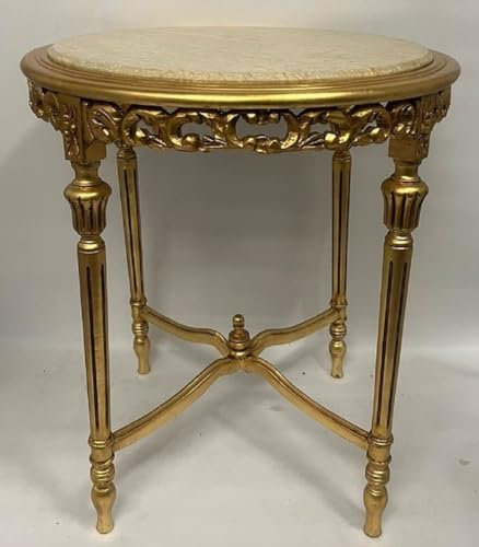 Casa Padrino Barock Beistelltisch Gold/Beige - 60 x H 70 cm Runder Antik Stil Massivholz Tisch mit Marmorplatte - Wohnzimmer Möbel im Barockstil - Antik Stil Möbel - Barock Möbel