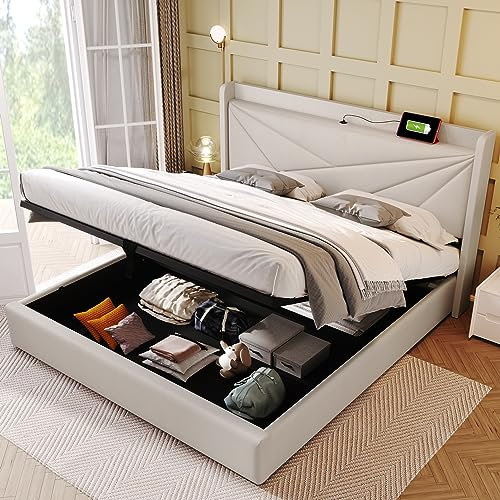 Oyemige Polsterbett 160x200, Doppelbett mit Stauraum und Lattenrost, Kopfteil mit USB Typ C Ladefunktion, Hydraulisch Stauraumbett Rückenlehne Funktionsbetten Jugendbett, ohne Matratze, Leinen Beige