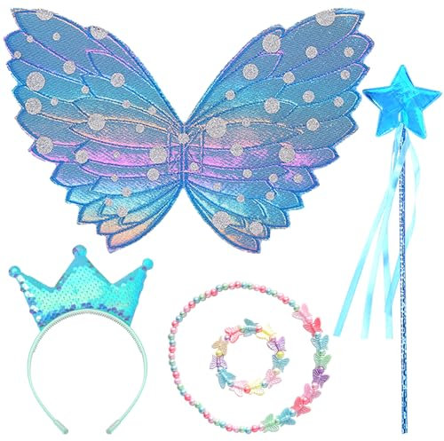 DKDDSSS Ailes De Fée Enfant, Ailes de Papillon, Couronne Princesse Fille, Baguette Magique Fille, Collier Papillon, Bracelet Papillon, Accessoires pour Enfant Carnaval Cosplay Party Fête