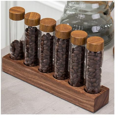 Primst Glass Coffee Beans Storage Tubes, Single Dose Coffee Bean Storage Coffee Bean Cellars with Wooden Stand and Funnel for Cafe, Kitchen (6 tubes-22g)