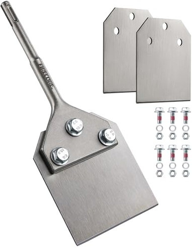 SDS Plus Floor Scraper with 2pcs Replaceable Blades, Firecore 4 Inch wide Thinset Removal Chisel Bits for SDS Plus Rotary Hammer Drill Power Tool, Flat Steel Shovel Tile Ceramic Vinyl Adhesive Remover