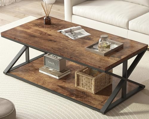 Launica Farmhouse Coffee Tables, Rustic Living Room Table with Storage, Minimalist Rectangle Center Table for Living Room, Industrial Vintage Wood Cocktail Tea Table, 47 Inch, Rustic Brown
