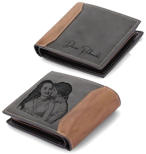 Portefeuille en Cuir Personnalisé Homme avec Initiales Photo Nom Cadeau de Fête des Pères pour Papa Grand-père Porte-Cartes RFID Cadeau Personnalisé pour Noël Anniversaire Saint-Valentin (A)