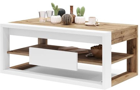 designimpex Design Couchtisch Frame Multifunktion Arbeitstisch aufklappbar Tisch, Farbe:Eiche Wotan - Weiß matt