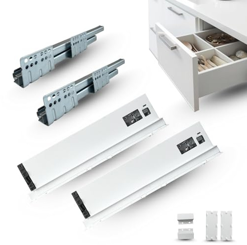 Tiroir en kit à extraction totale pour ambiance, salle de bain, cuisine, bureau, nouveau design slim, portée 40 kg, rails synchronisés (H 88 mm - P 500 mm blanc)