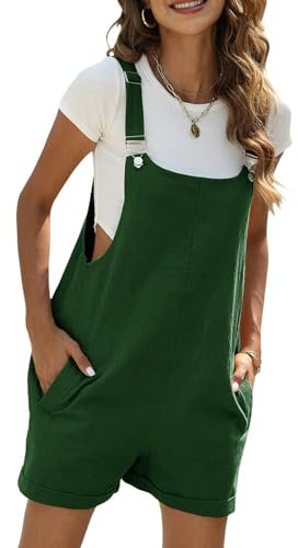 Vanchenl Salopette corte estive donna casual spalline regolabili bavaglini cotone lino tuta con tasche, verde militare, S