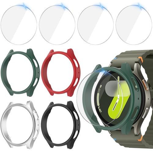Jvchengxi 4+4Pièces Coque 40mm pour Samsung Galaxy Watch 7 Protection Écran, Anti-rayures PC Etui + HD Protecteur D'écran en Verre Trempé pour Galaxy Watch 7 40mm (Noir+Argent+Vert+Rouge)