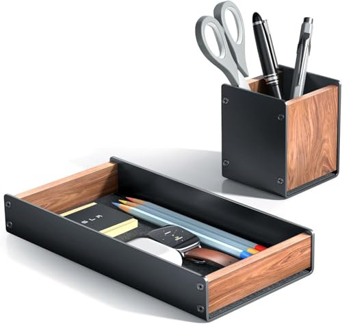 Plateau de bureau en bois de noyer avec porte crayons, pot stylo plateau de rangement en bois naturel et aluminium organiseur pour clés, stylos, watch