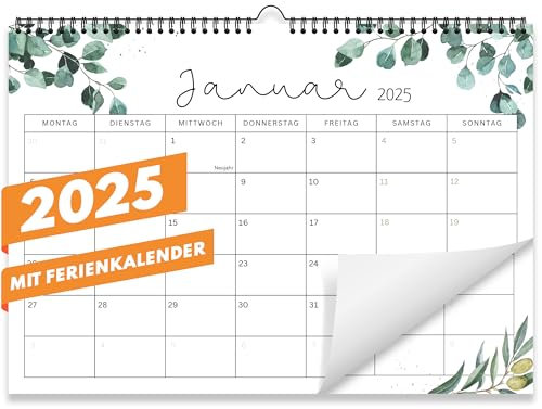 Kalender 2025 Wandkalender (Monatskalender im A4 Querformat) - Monatskalender 2025 für das ganze Jahr von Januar bis Dezember mit Ferienübersicht - Ideal als Paarkalender oder Familienplaner