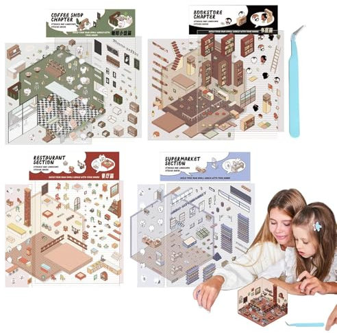 d-iy -Hausaufkleber | 4er-Pack Cartoon-Szenen-Aufkleber-Set | Koreanisches -Aufkleberspielzeug mit Pinzette wiederverwenden | Interessantes -Haus-Landschaftsaufkleber-Spiel für Kinder und