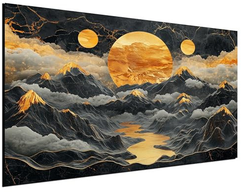 DARO Design® Leinwandbild Klein 30x20 cm Mini Wohnzimmer Deko Modern Wandbild Kunstdruck auf Leinwand Bild Schlafzimmer über Bett Room Decor Geschenke Abstrakt Berge Gold Sonne Fluß Gipfel Wolken