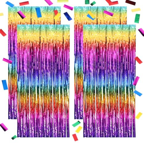 4 Stück Lametta Vorhang Bunt mit Konfetti – Glänzender Glitzer Vorhang für Party, Geburtstag, Hochzeit, Regenbogen Deko, Fasching & Karneval Deko – 1m x 2m Folienfransen Vorhang für Fotohintergrund