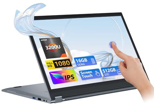 PC Portatile 15,6 Pollici, Computer Portatile 2 in 1, Capovolgimento a 360° 1920X1080 IPS,16GB RAM 512GB SSD Pc gaming portatile, Ryzen 3200U Laptop gaming, Supporto USB RJ45 Type-C, Per Studio Lavoro