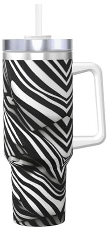 JIUTY Tasse de voyage à rayures noires et blanches de 1,2 l avec poignée - Tasse de voyage en acier inoxydable - Pour thé, café glacé