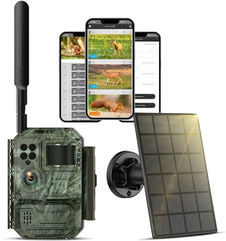 VOOPEAK 4G LTE Solar Wildkamera mit SIM Karte Unbegrenzter Fluss, 1080P HD Wildkamera mit Handyübertragung App, Wildtierkamera mit Bewegungsmelder Nachtsicht 850nm 0,1s Auslösezeit IP66 Wasserdicht