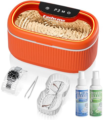 Fashome Jewellery Cleaner Set with Basket/Holder, 200ML Ultrasonic Cleaner Solution for Retainers, Rings, Glasses, Dentures, Coins - 45000Hz 20oz w/Lights, 3 Power 5 Cleaning & Degas Modes(Orange)