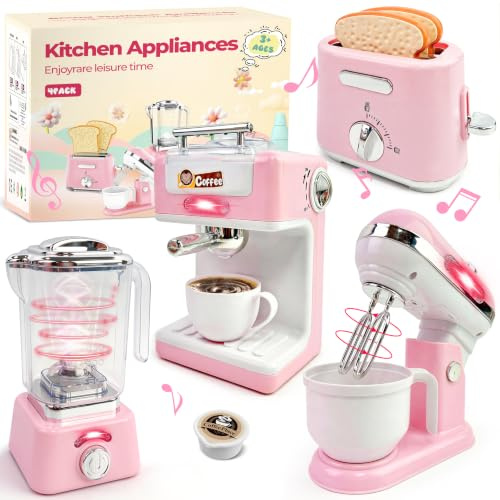 Play Kitchen Accessories,Toy Kitchen Appliances with Blender,Coffee Maker,Mixer,Toaster,Kids Kitchen Playset with Sound & Light,Play Kitchen Sets for Kids Ages 4-8,Pink Kitchen Toys for Girls Ages 3-5