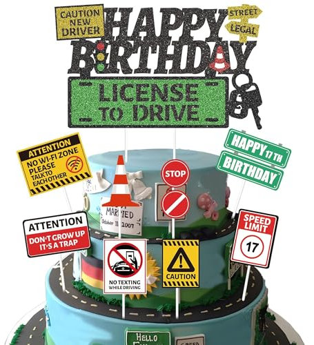 Learner Driver Gifts 17th Birthday - 9 Pcs Learner Driver Cake Toppers 17th Driver License Transportation Car Road Signs Theme Party Supplies for 17 Year Old Birthday Decorations