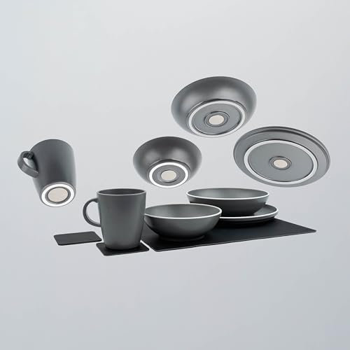 silwy® Service de table magnétique Dolomite Grey 11 pièces en plastique, design STONEtouch, pour camping-car, camping et bateau, sans claquement, incassable, avec tapis nano gel et coussinets (gris)