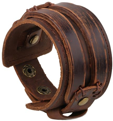 CALFOVERA Brown Viking Cowhide Leather Cuff Bracelet Punk Genuine Leather Wrap Wristband Adjustable Nordic Wrist Band Gothic Biker Viking Wide Wrist Cord Bracelet Bangle for Men Women Costume Party