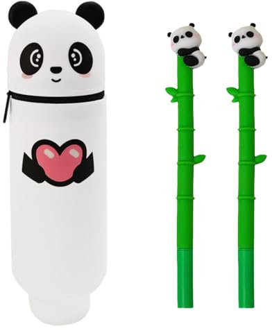 XFSRG Trousse Crayon Panda Adorable 2 en 1 Silicone avec 2 Pièces Stylo Kawaii Trouse Scolaire Panda pour Fournitures de Bureau Étudiants Cadeau(Cœur)
