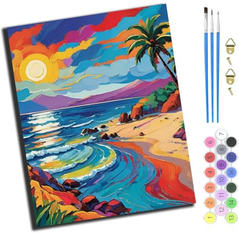 XIAOYOUQIAN Regenbogen Sonnenuntergang Strand,Malen Nach Zahlen Erwachsene,Diy Handgemalt Ölgemälde Kit,Inklusive Pinsel Und Acrylfarben,40X50 Cm,Mit Rahmen