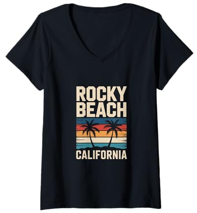 Damen Rocky Beach California Sonnenuntergang Palme T-Shirt mit V-Ausschnitt