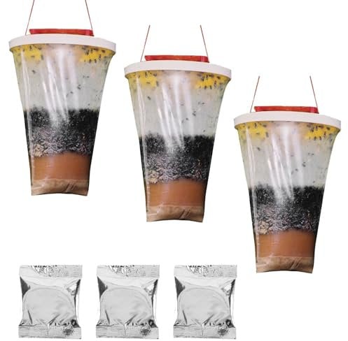 3 Stück Fliegenfalle Außen zum Aufhängen – Lockstoffbehälter Fliegenfänger Lebendfalle für Pferde, Ställe, Garten – Gegen Fliegen, Mücken, Insekten