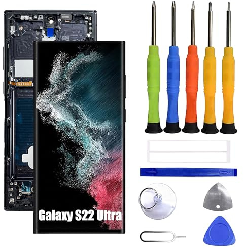 VUXYIT OLED kompatibel mit Samsung Galaxy S22 Ultra SM-S908B, SM-S908E, SM-S908E/DS Ersatz für Touchscreen, Digitizer und LCD-Display [mit Rahmen][mit Fingerabdrücken] Mit Reparatur-Set
