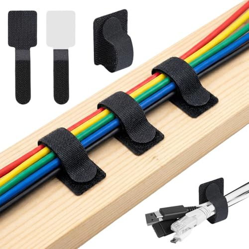 Carehabi 100 pièces de supports de cable management, 30 x 90 mm, pour la attache cable sur le bureau, attaches auto-agrippantes réutilisables avec fixation, passe cable en nylon réglables