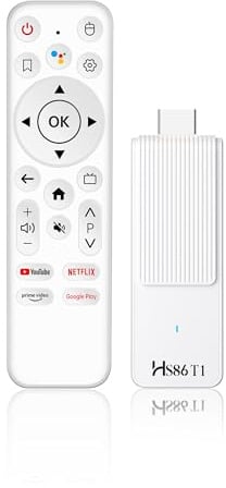 Android 14.0 TV Stick, con 2GB RAM e 16GB ROM, alimentato da chipset RK3518 Quad-Core 32bit Cortex-A53 e GPU Mali 450 MP2, supporta Wi-Fi dual-band 2.4G/5G, BT 5.4 e 4K Ultra HD
