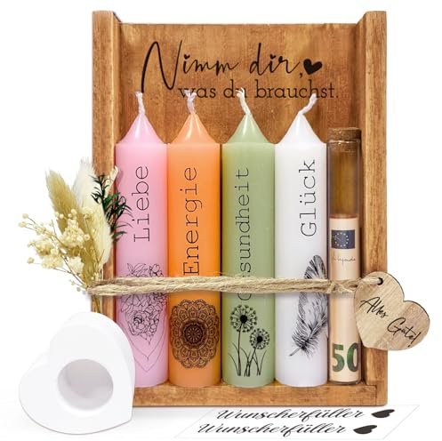 Kerzen Geschenkset, Nimm dir was du brauchst Geburtstagsgeschenk Kerzen Geschenke für Freundin Frauen Mama Geldgeschenke zum Geburtstag Hochzeit mit Kerzenhalter Holzkiste Trockenblumen Deko